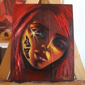 Trippy Red Portrait Original Oil Painting